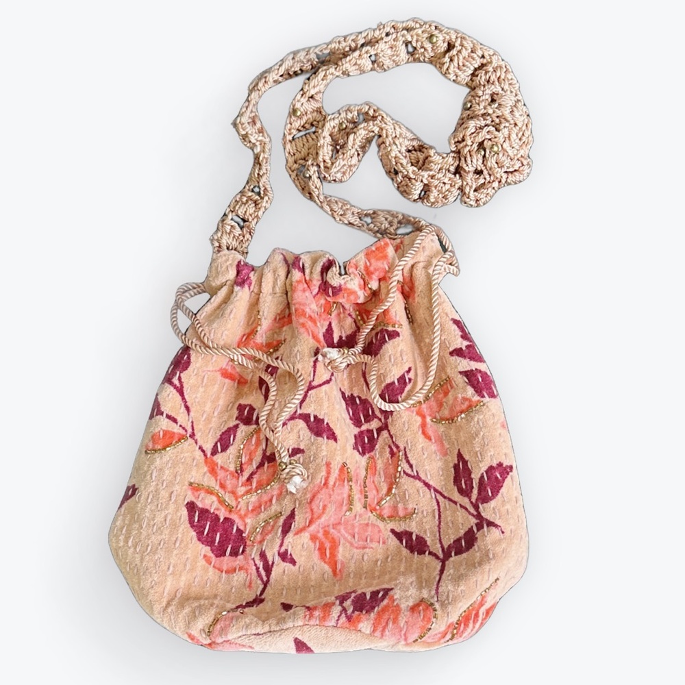 Floral Boho Peach Free People Beaded Velvet Moon Crossbody Drawstring Bucket Bag